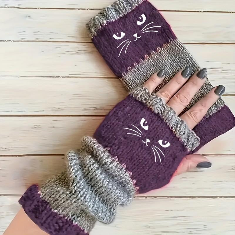 Warm Cat Pattern Fingerless Gloves