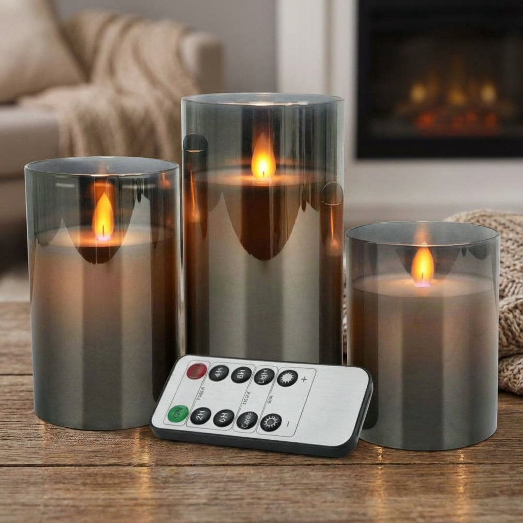 Set of 3 Elegant LED Smoked Glass Candles