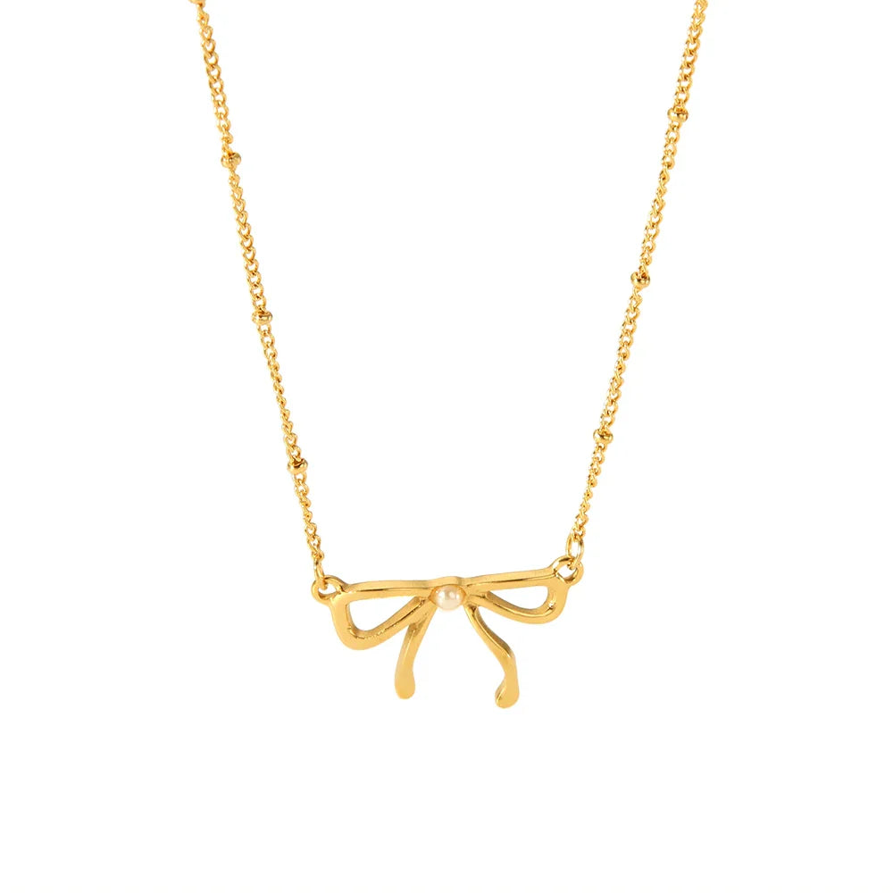 Luxury 18k Gold Bow Pearl Chain Necklace