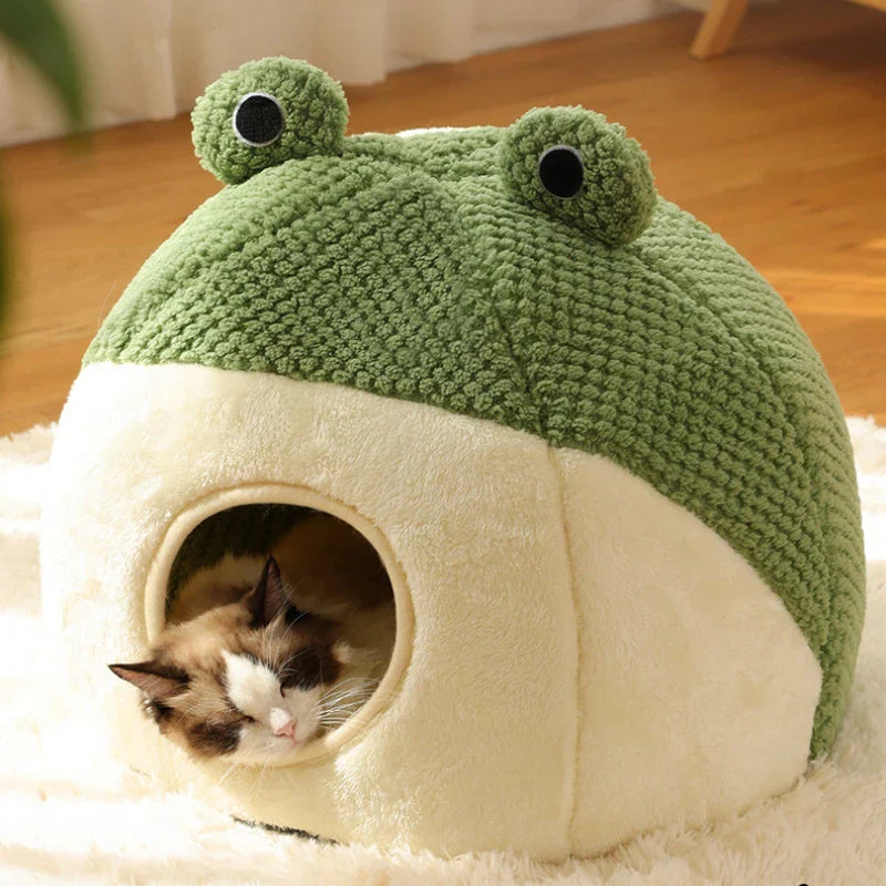 Cozy Pet Hideaway Plush Frog Cave Bed