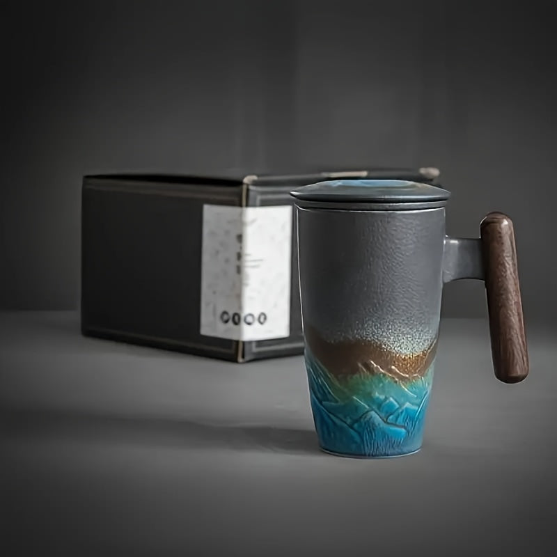 Vintage Style Ceramic Tea Mug with Infuser and Wood Grip