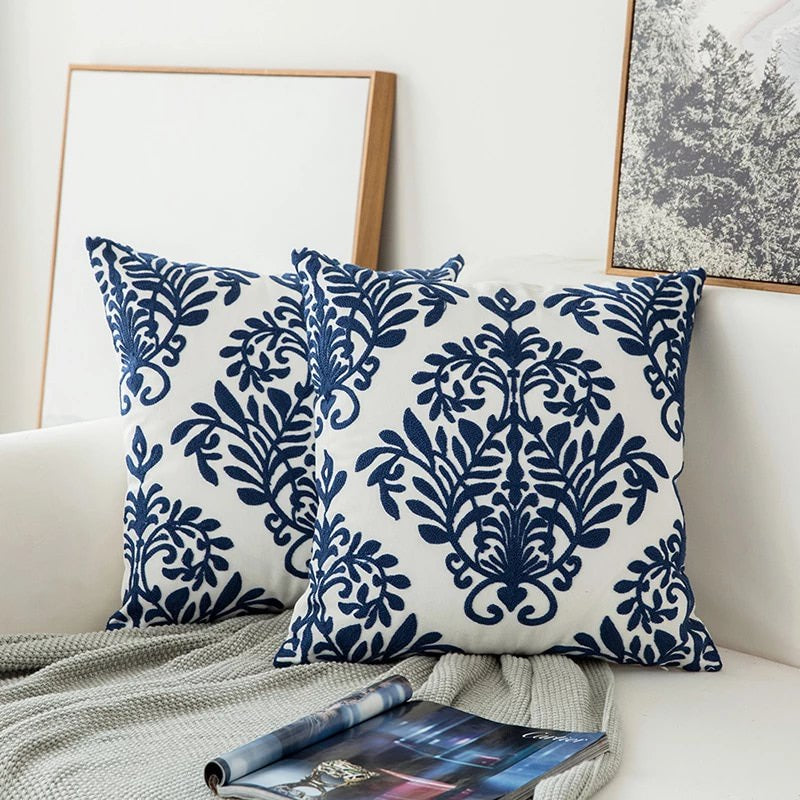 Navy Blue Embroidered Throw Pillow with Floral Design