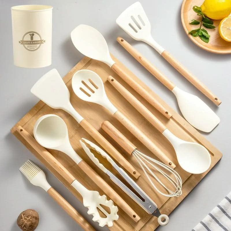 Eco-Friendly Silicone Kitchen Utensil Set with Wood Handles