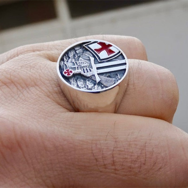 Mens Red Cross Stainless Steel Band Ring
