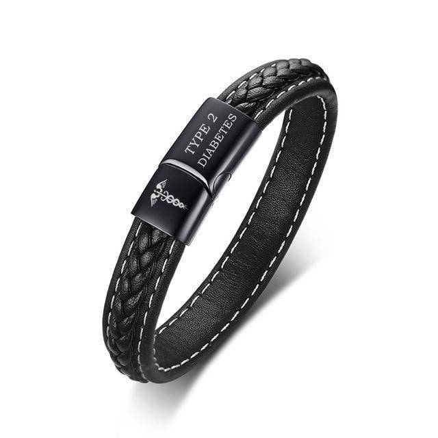 Men's Black Leather Medical Alert ID Bracelet