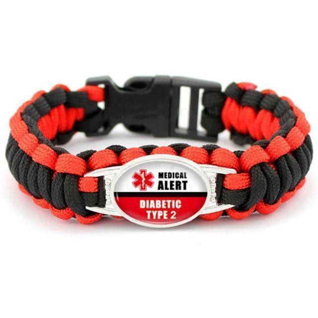 Medical Alert Bracelet for Diabetes - Red Black Rope Style