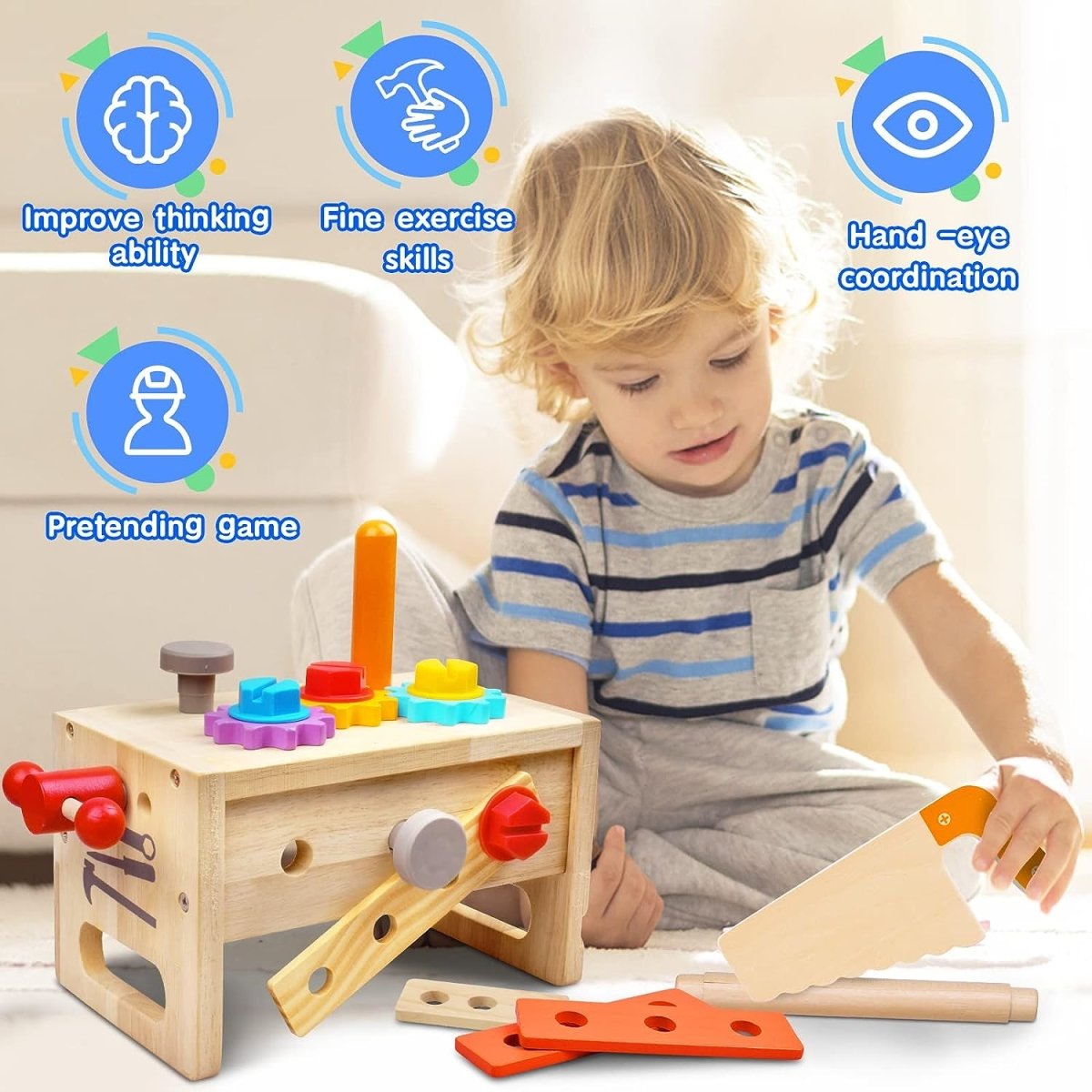 Kids Wooden Workbench Toolbox Set - 29 Piece Play Kit