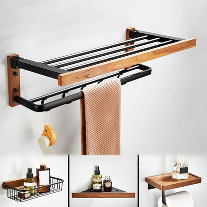 Modern Wood and Metal Bathroom Accessory Set