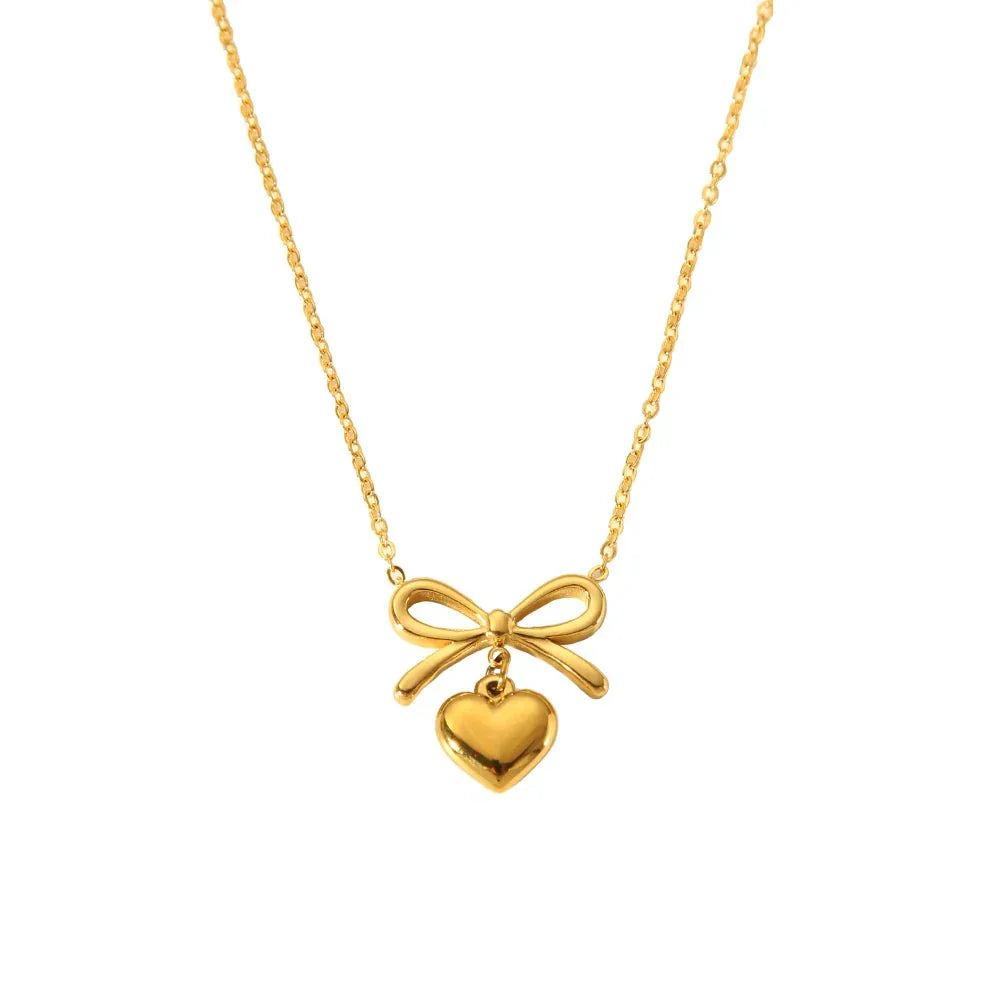 Delicate Gold Bow Heart Pendant Necklace - Yeezlab