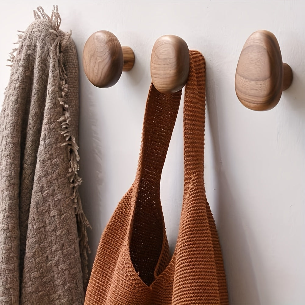 Rustic Wooden Wall Hook Set - Natural Walnut Wood Coat Hooks