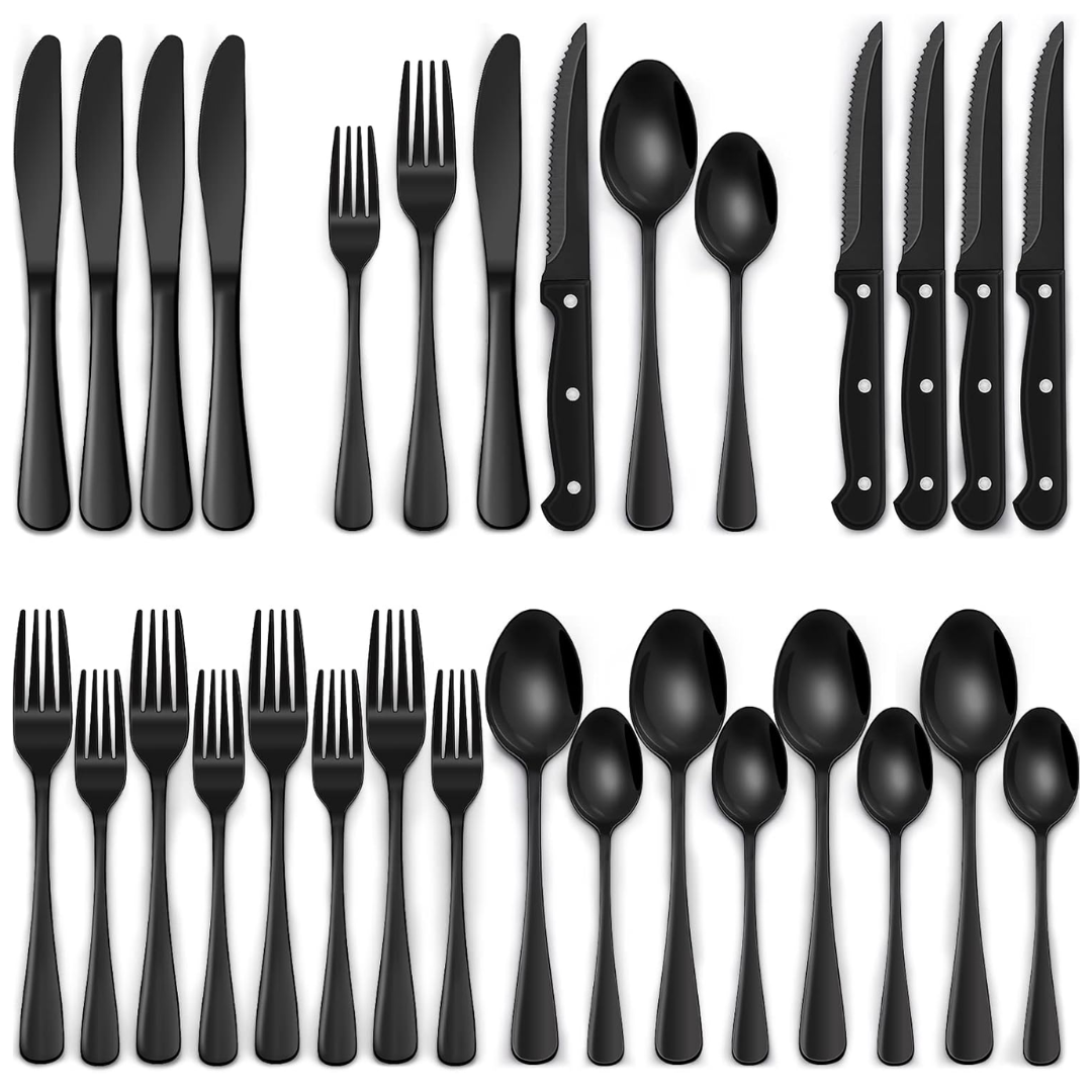 Premium 24pc Black Stainless Steel Cutlery Set - Yeezlab