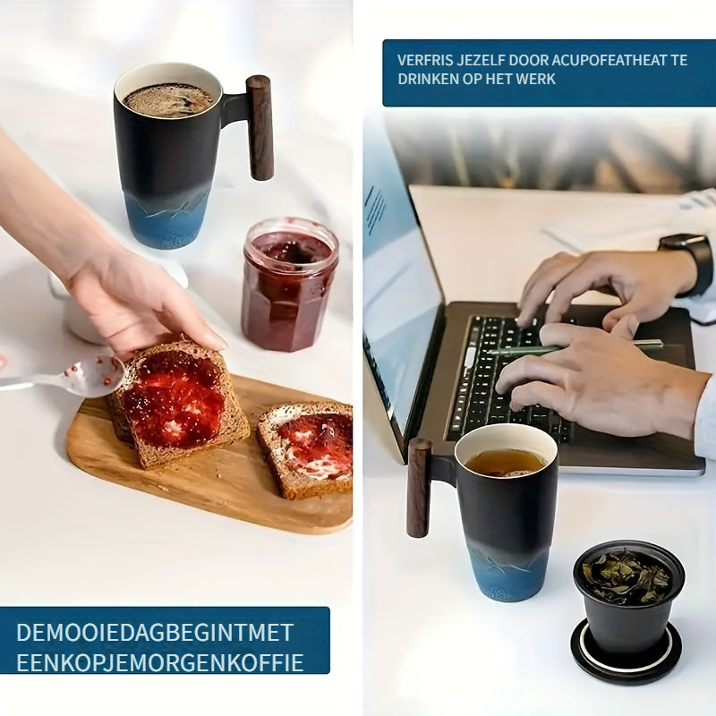 Vintage Style Ceramic Tea Mug with Infuser and Wood Grip