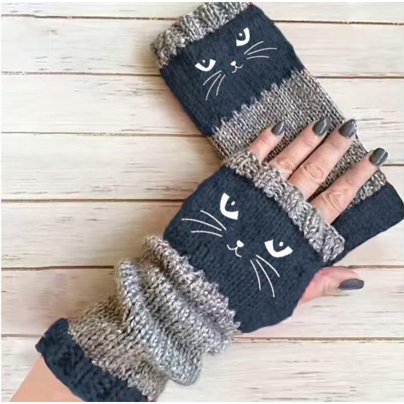 Warm Cat Pattern Fingerless Gloves