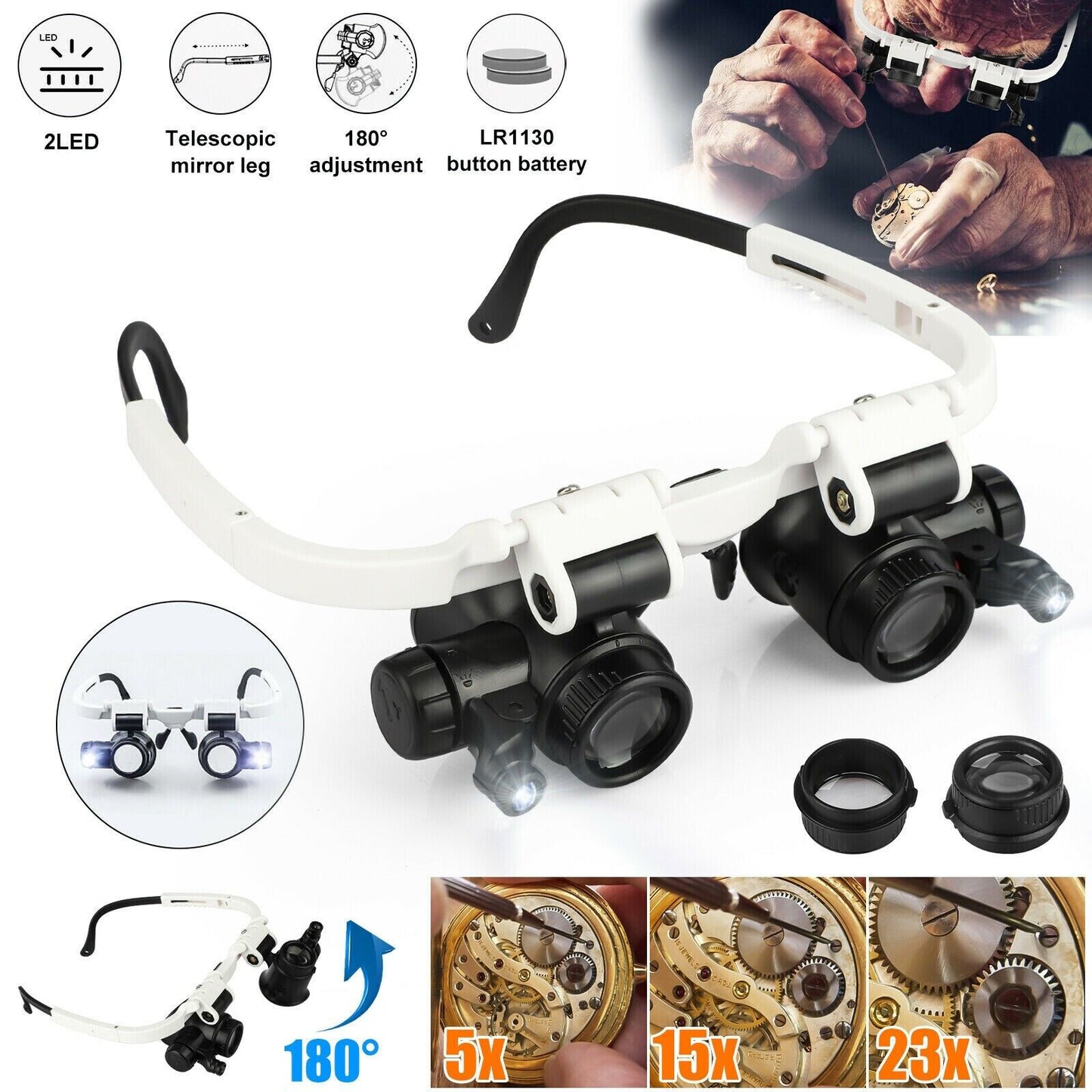 Magnifying LED Jewelers Glasses with 8 Lenses Headband