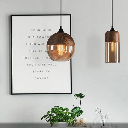Rustic Wooden Pendant Light with Tinted Glass Shade