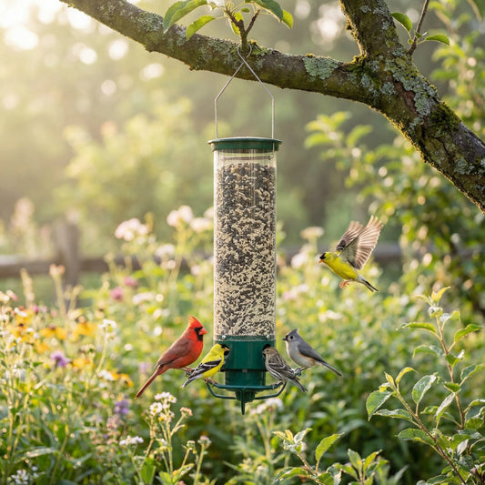 Birds perched on a bird feeder hanging from a tree branch in a garden.