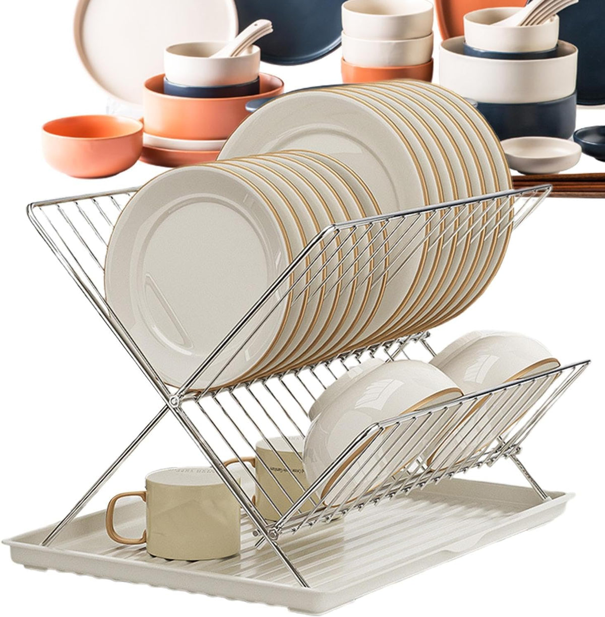 Compact 2-Tier Dish Rack with Removable Tray