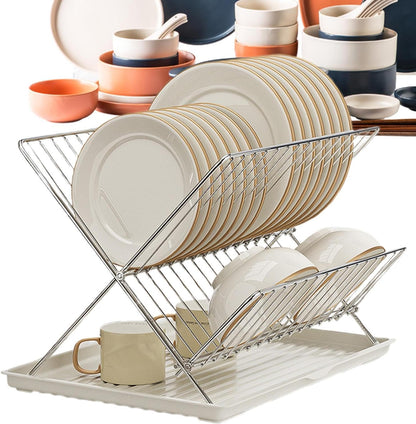 Compact 2-Tier Dish Rack with Removable Tray