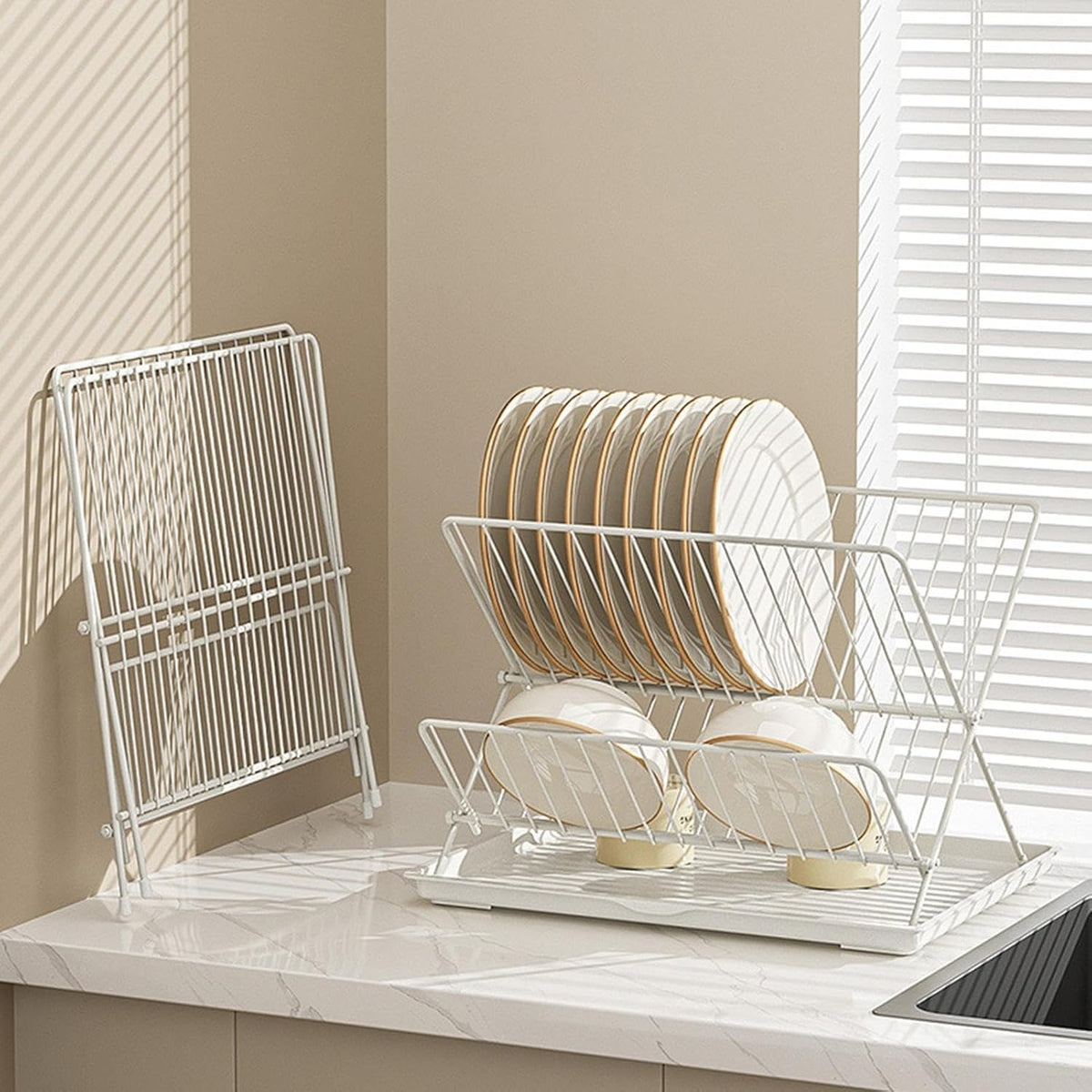 Compact 2-Tier Dish Rack with Removable Tray