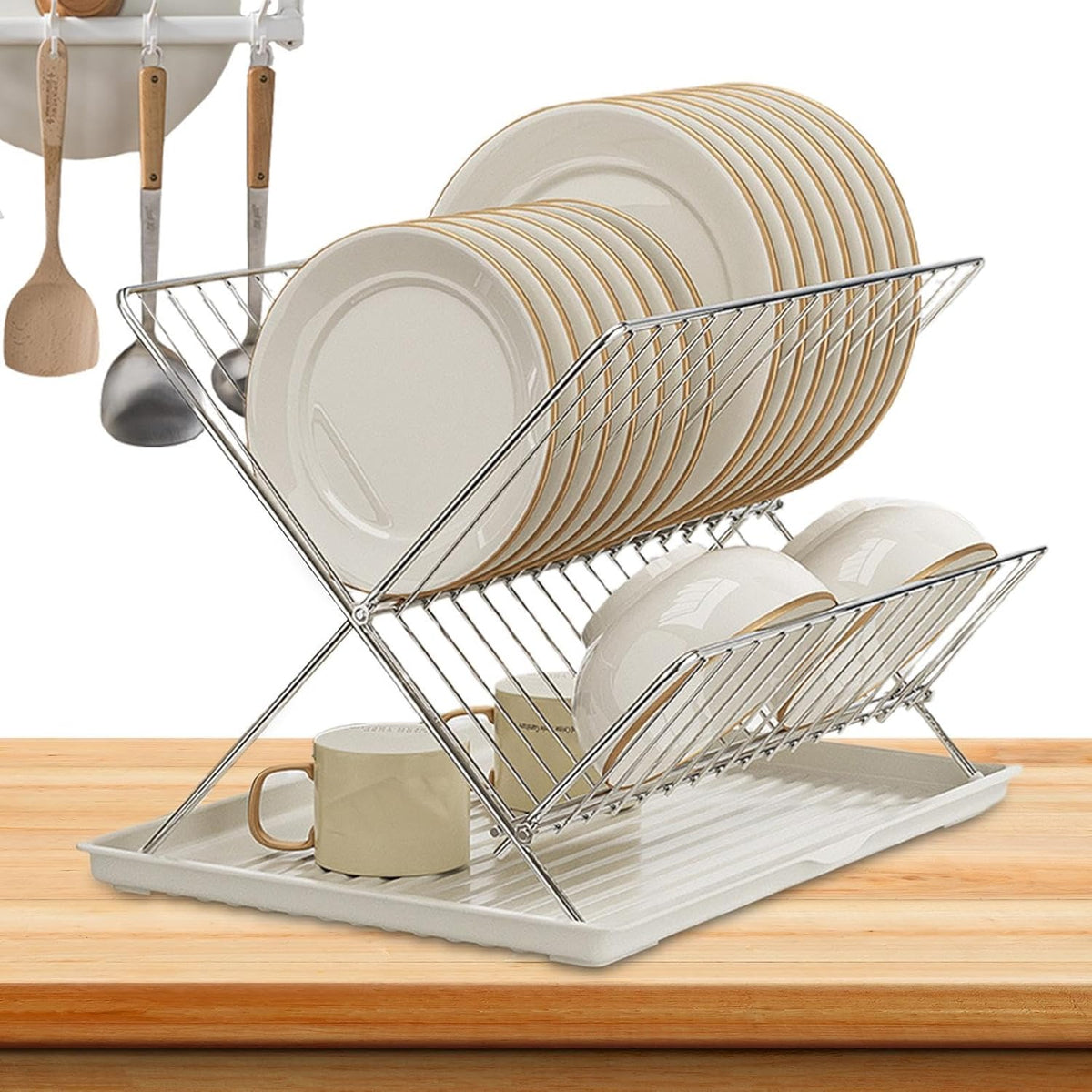 Compact 2-Tier Dish Rack with Removable Tray