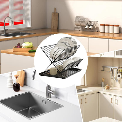 Compact 2-Tier Dish Rack with Removable Tray