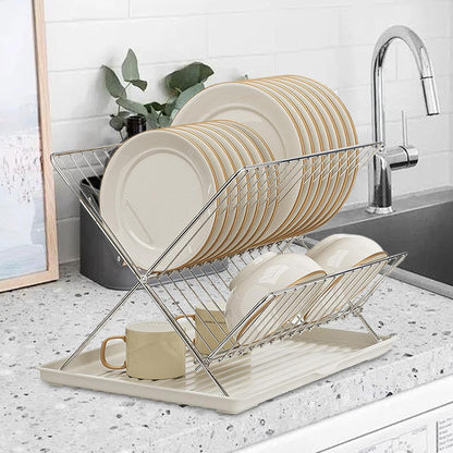 Compact 2-Tier Dish Rack with Removable Tray