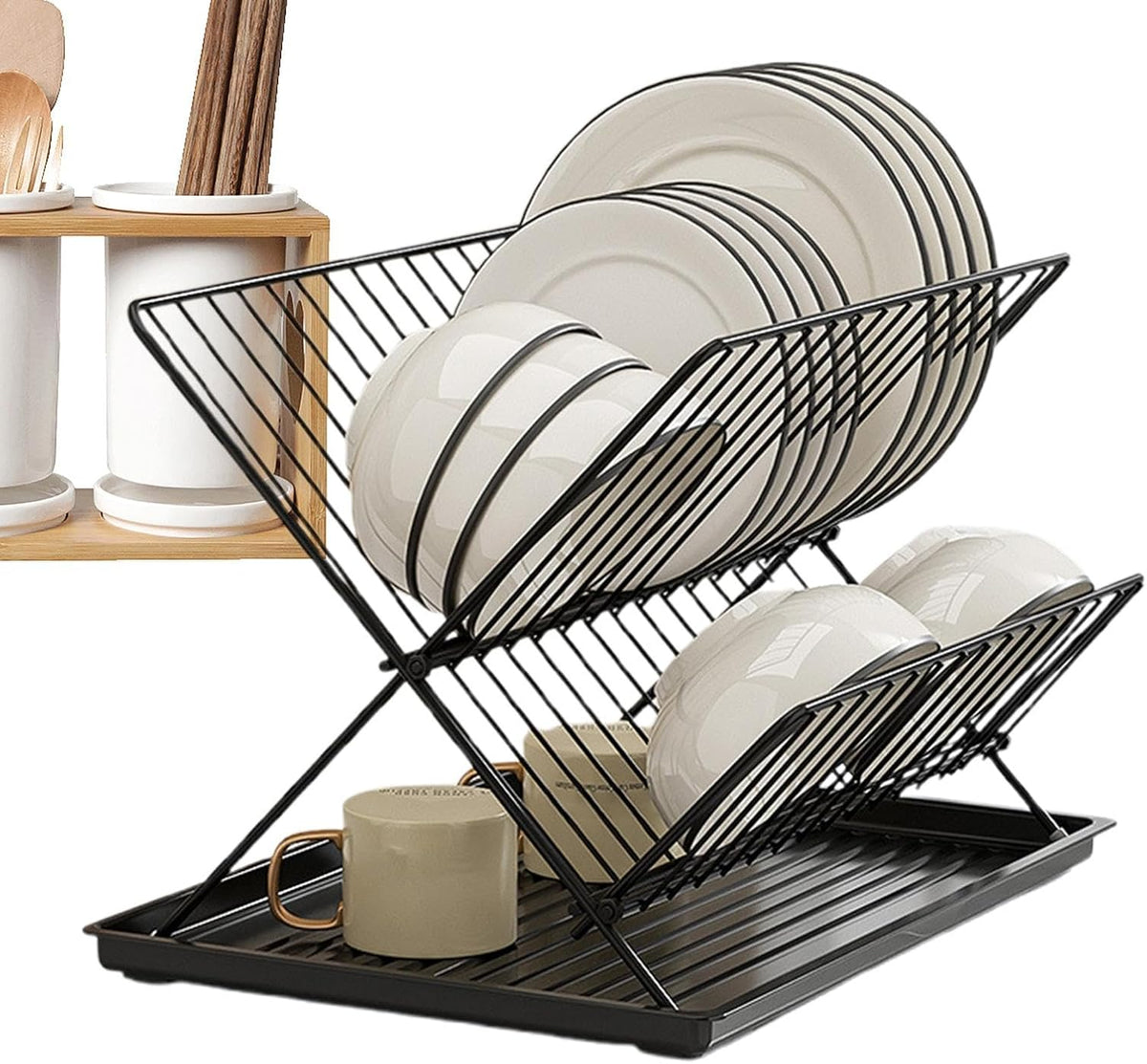 Compact 2-Tier Dish Rack with Removable Tray