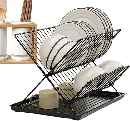 Compact 2-Tier Dish Rack with Removable Tray