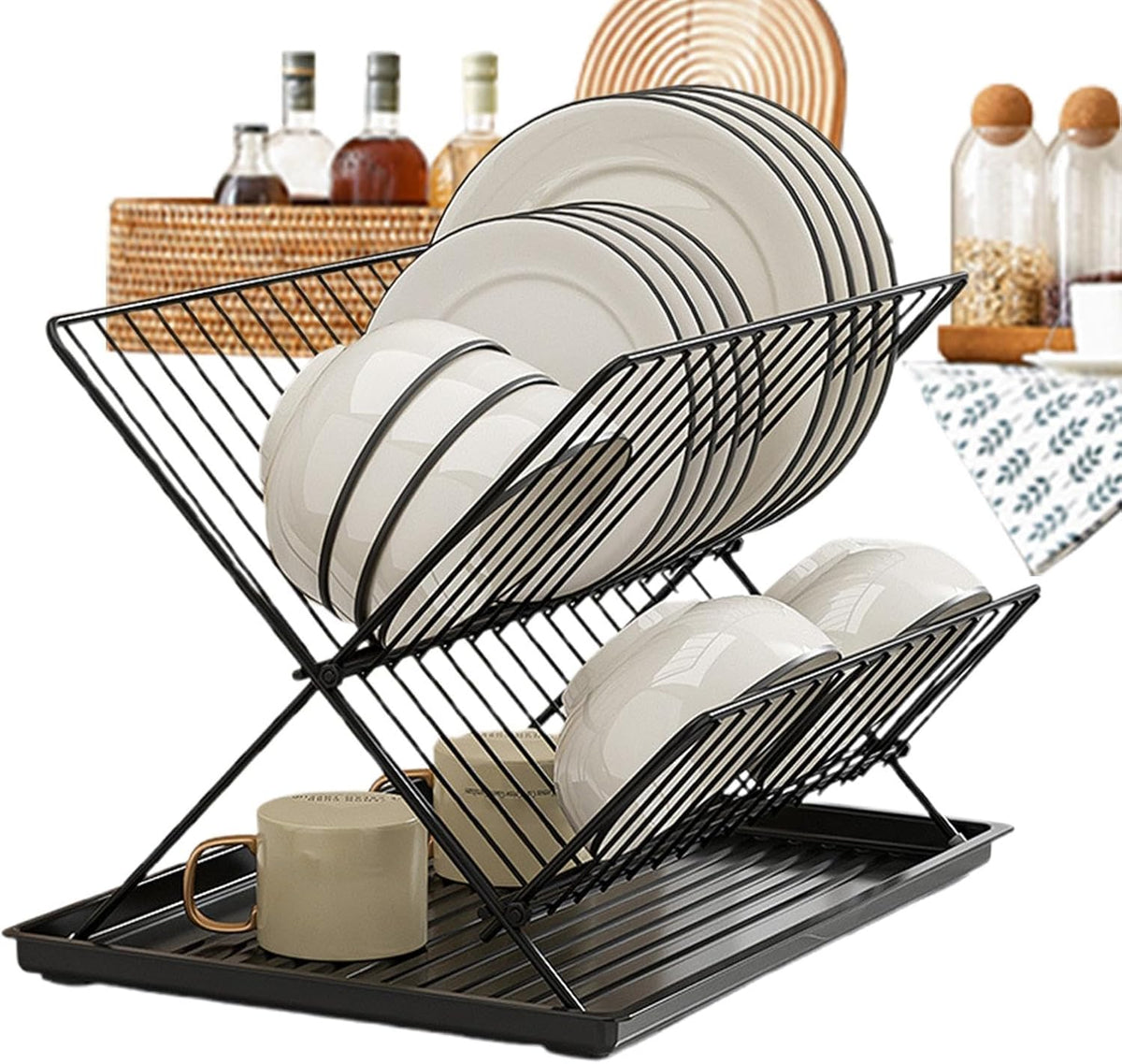 Compact 2-Tier Dish Rack with Removable Tray