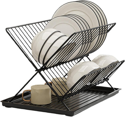 Compact 2-Tier Dish Rack with Removable Tray