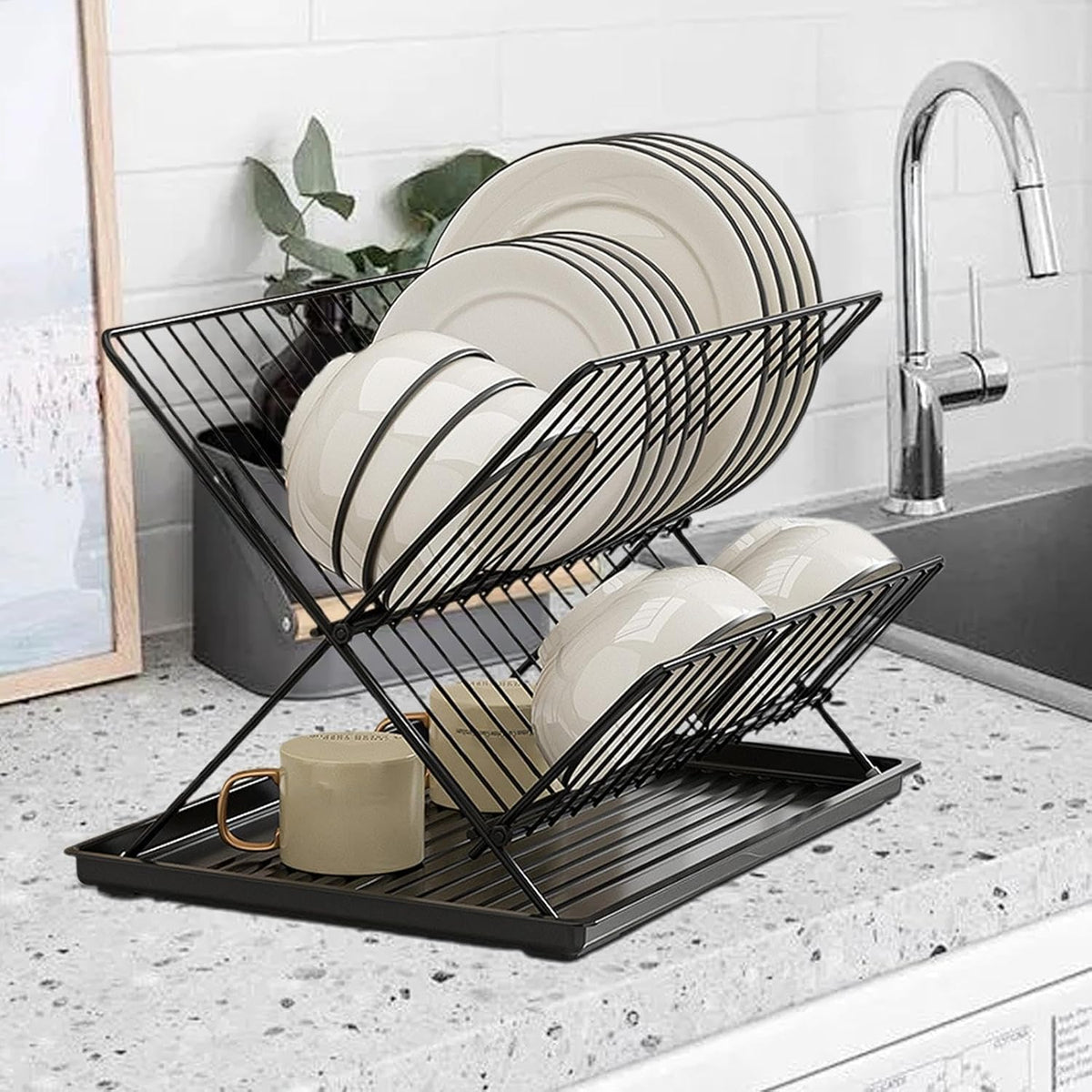 Compact 2-Tier Dish Rack with Removable Tray