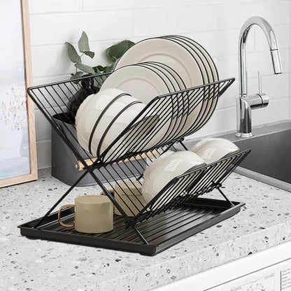 Compact 2-Tier Dish Rack with Removable Tray
