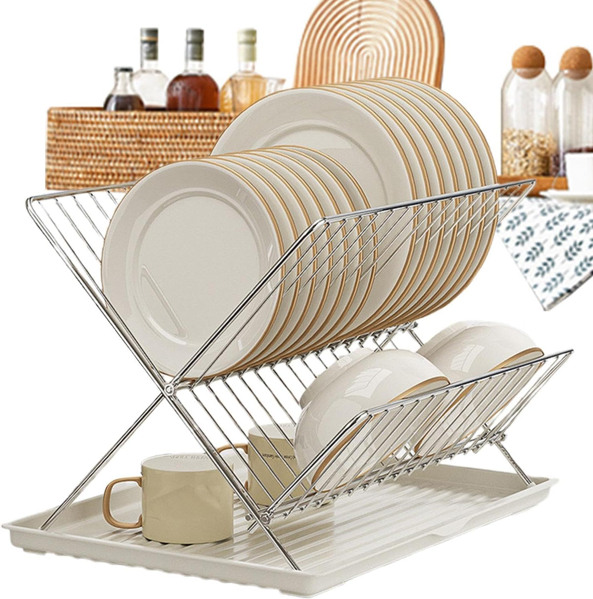 Compact 2-Tier Dish Rack with Removable Tray