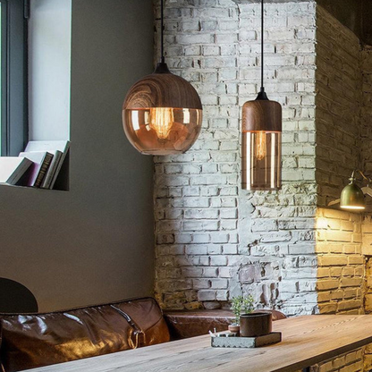 Rustic Wooden Pendant Light with Tinted Glass Shade