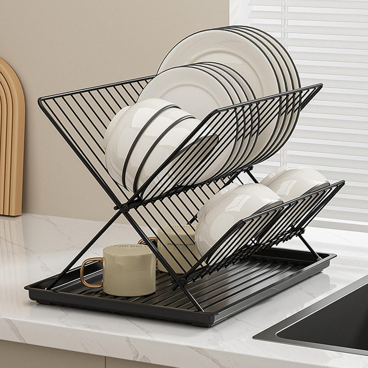 Compact 2-Tier Dish Rack with Removable Tray