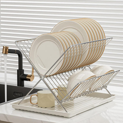 Compact 2-Tier Dish Rack with Removable Tray