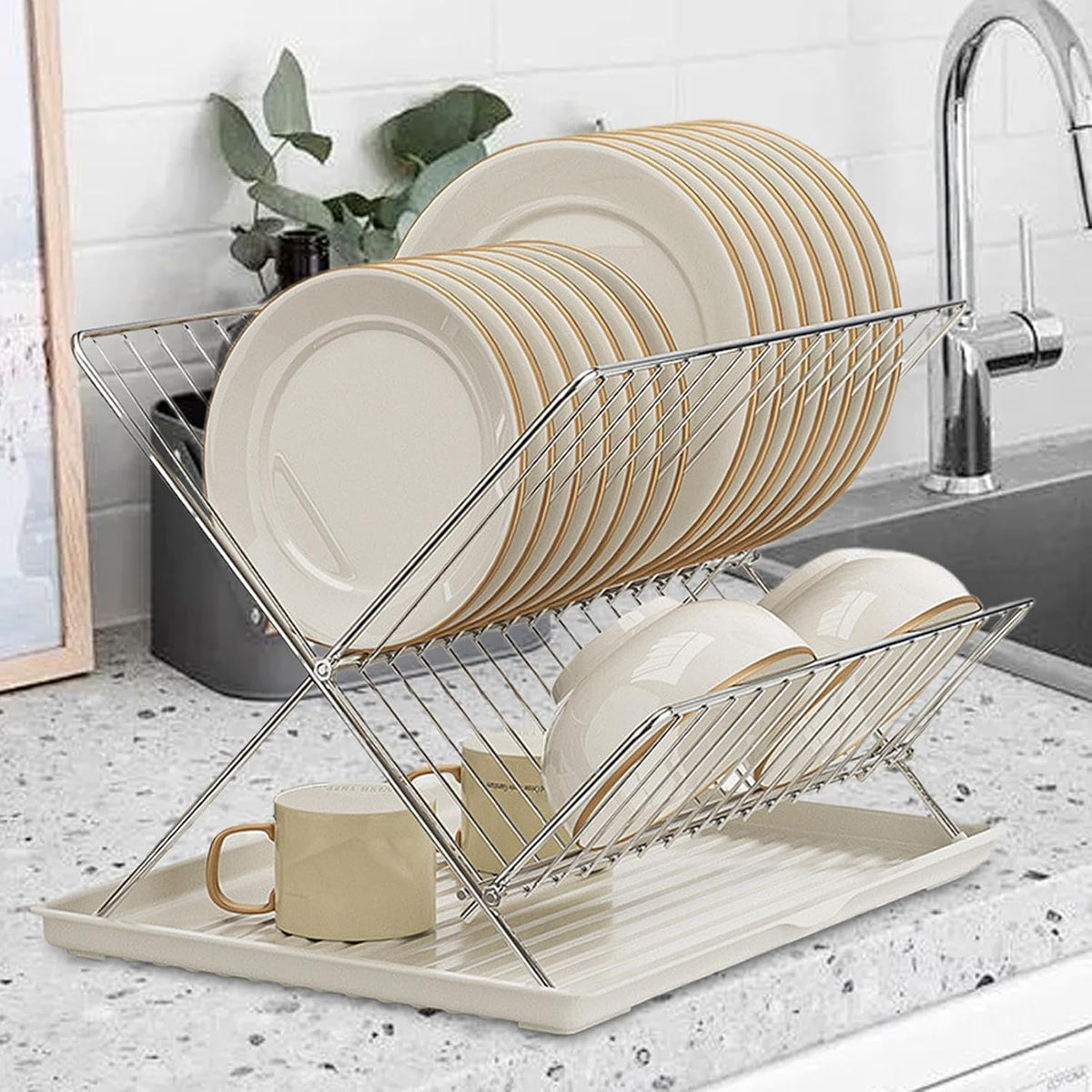 Compact 2-Tier Dish Rack with Removable Tray