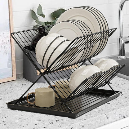 Compact 2-Tier Dish Rack with Removable Tray