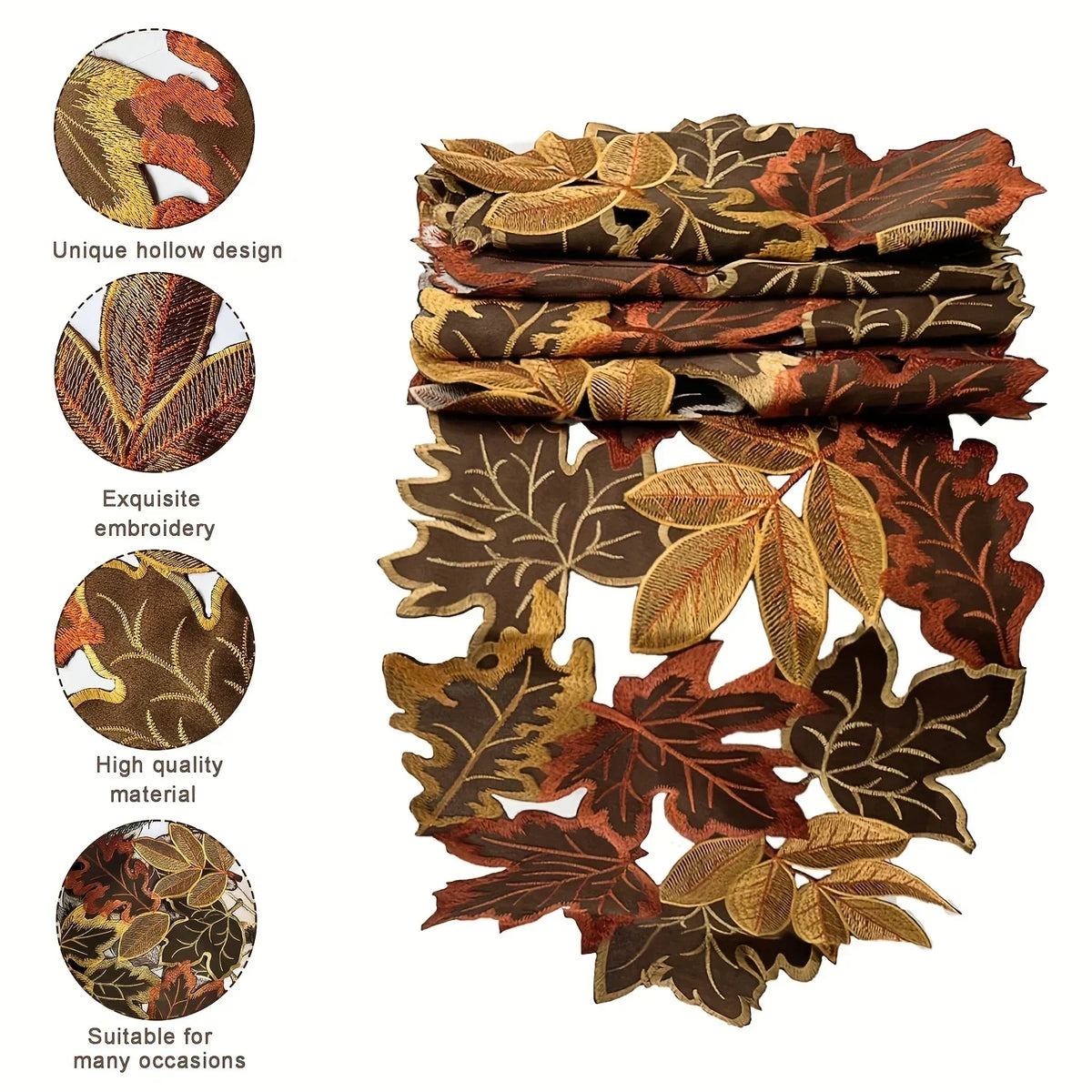 Rustic Fall Table Runner with Embroidered Leaf Pattern