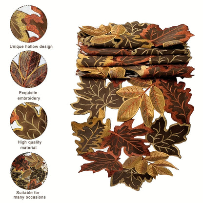 Rustic Fall Table Runner with Embroidered Leaf Pattern