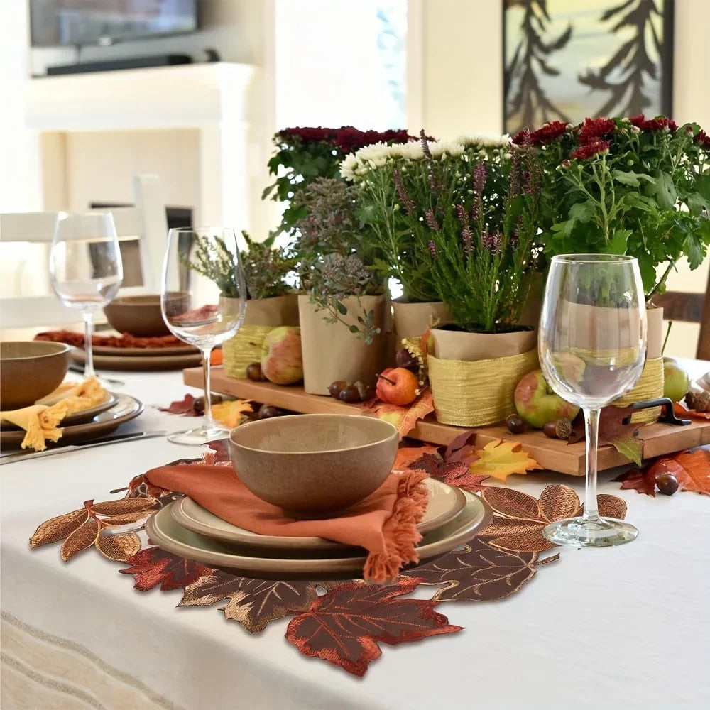 Rustic Fall Table Runner with Embroidered Leaf Pattern