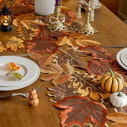 Rustic Fall Table Runner with Embroidered Leaf Pattern