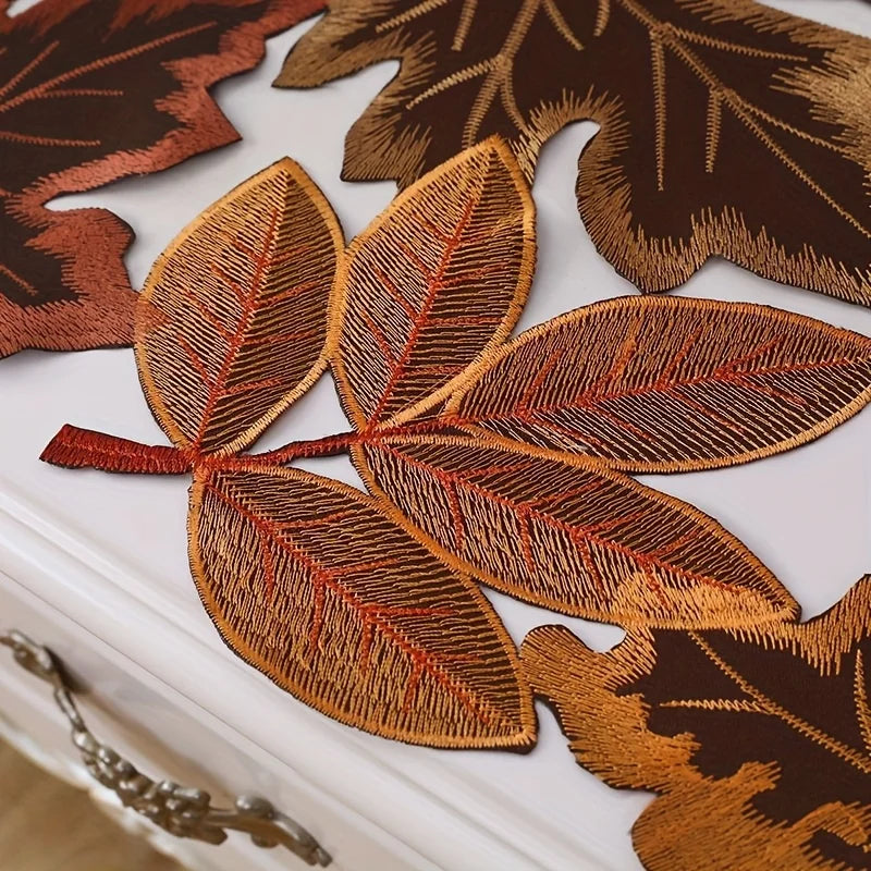 Rustic Fall Table Runner with Embroidered Leaf Pattern
