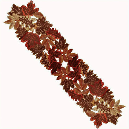 Rustic Fall Table Runner with Embroidered Leaf Pattern