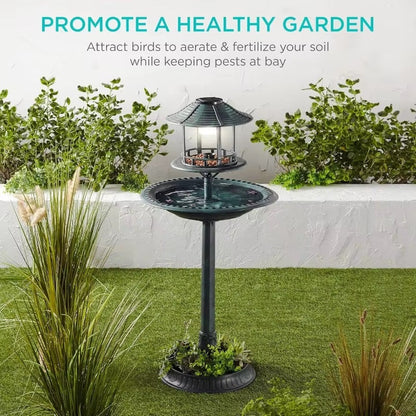 Outdoor Solar Bird Bath with Planter and LED Light