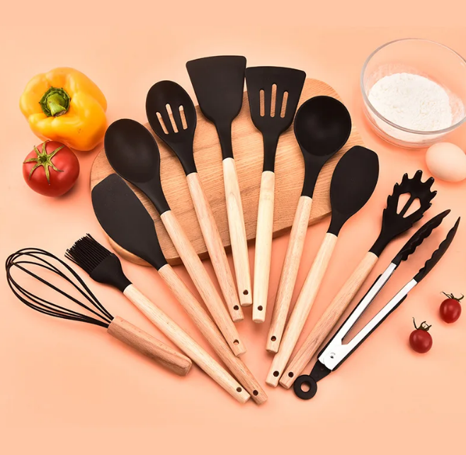 Eco-Friendly Silicone Kitchen Utensil Set with Wood Handles