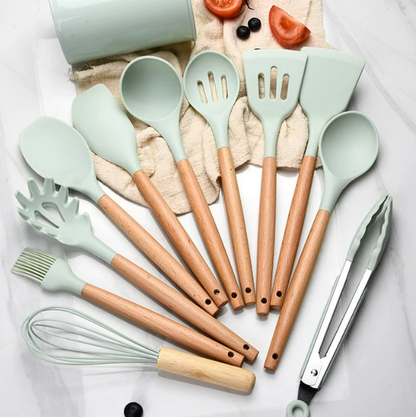Eco-Friendly Silicone Kitchen Utensil Set with Wood Handles