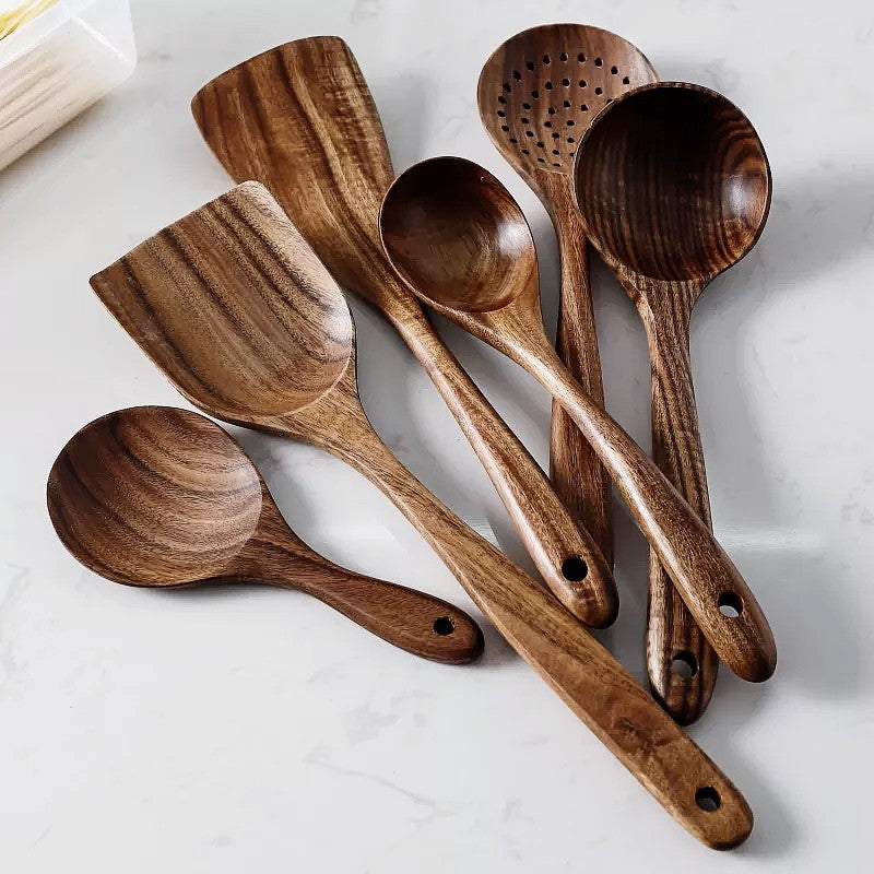 Natural Teak 7-Piece Kitchen Utensil Set - Yeezlab
