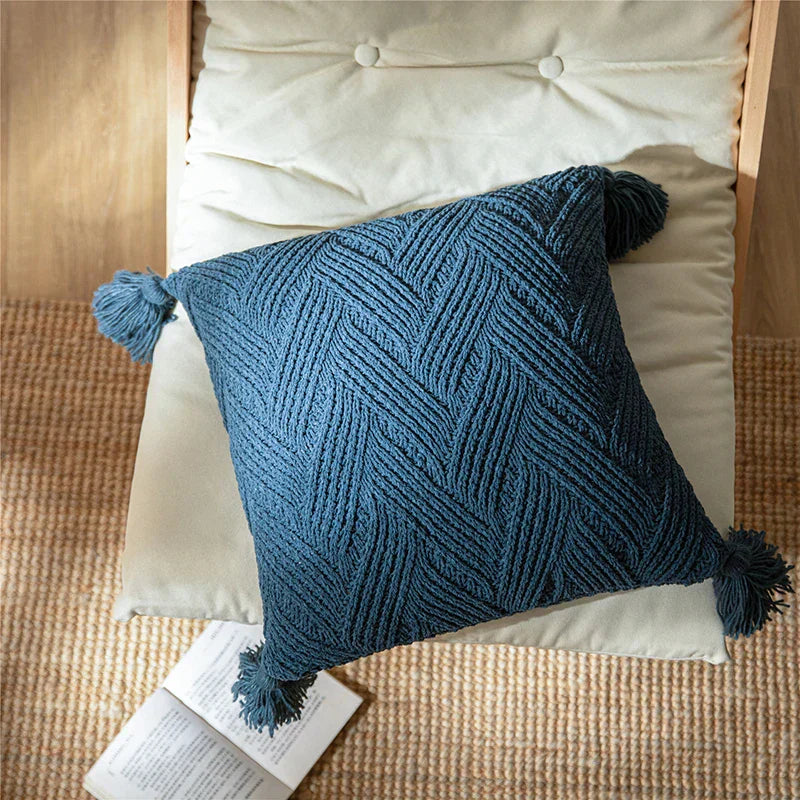 Soft Plush Pillow Cover with Fuzzy Pom Poms