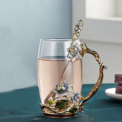 Romantic Floral Glass Mug for Coffee or Tea Lovers